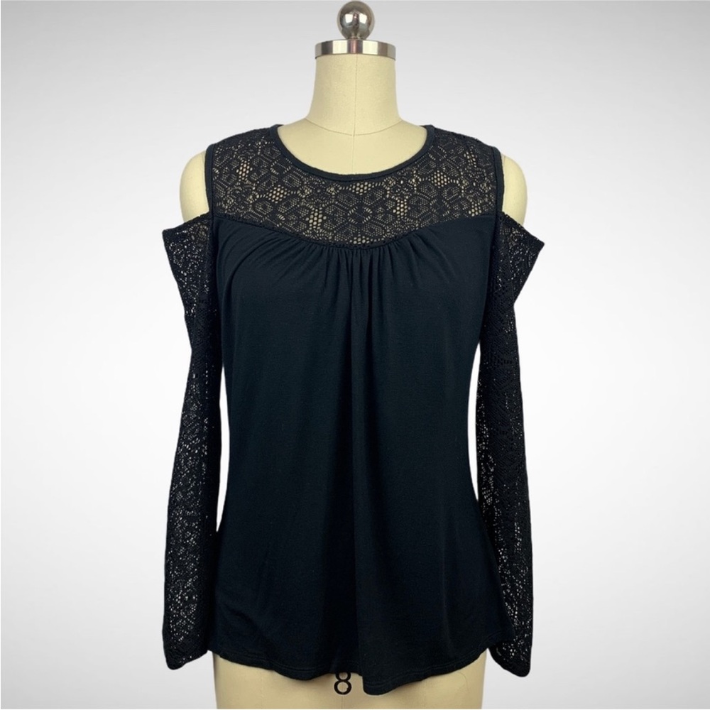 Laundry By Shelli Segal Black Lace Cold Shoulder Blouse, black